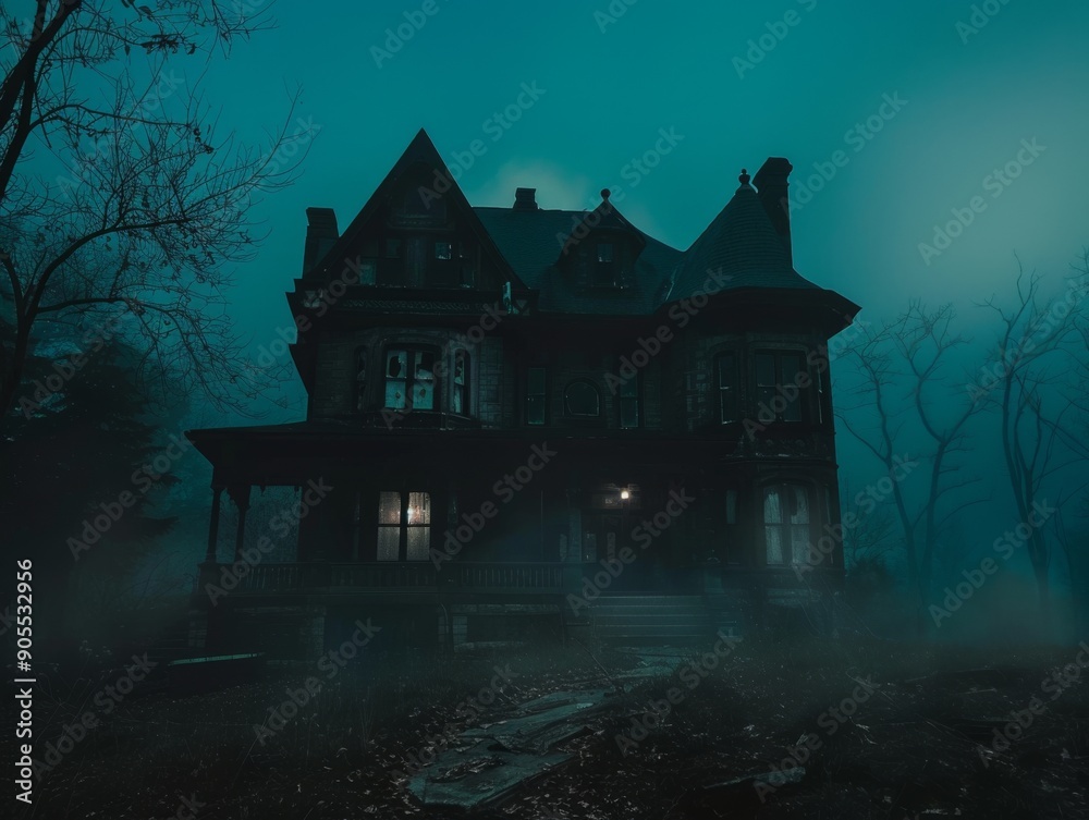 A spooky, old Victorian house stands alone in a misty forest on a dark night. The windows glow ominously. A spooky, old Victorian house stands alone in a misty forest on a dark night. The windows glow ominously.