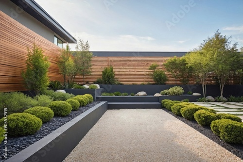 Modern Fence with Minimalist Garden: A modern fence bordering a minimalist garden with neatly trimmed plants and gravel.