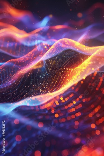 Glowing Futuristic Abstract Background with Dynamic Light Effects and Holographic Waveforms