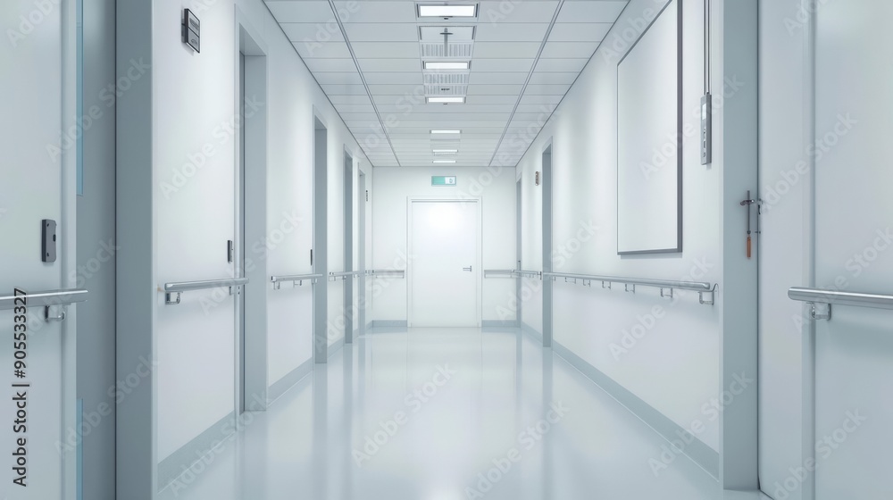 Hospital corridor featuring a blank sign, perfect for displaying healthcare branding or important health information Hospital corridor featuring a blank sign, perfect for displaying healthcare branding or important health information