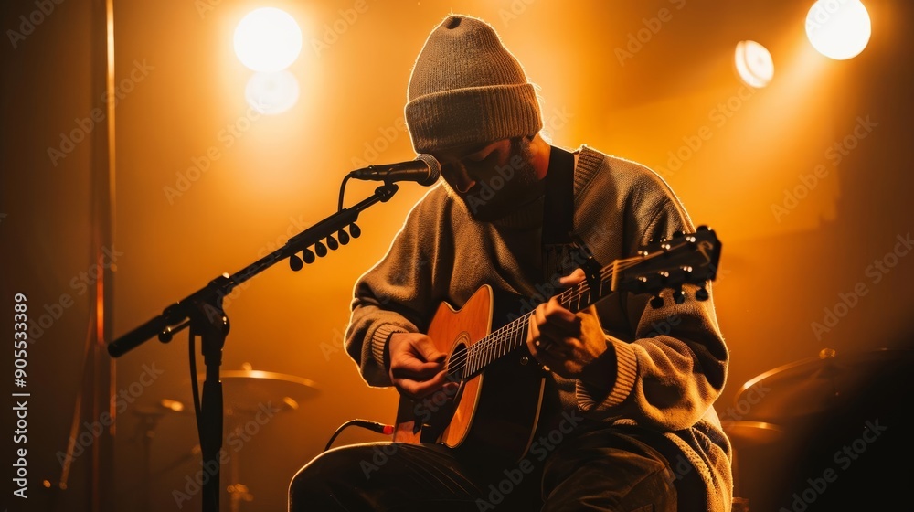 Obraz premium Live performance with guitarist, warm golden lighting, dynamic stage presence, beanie hat