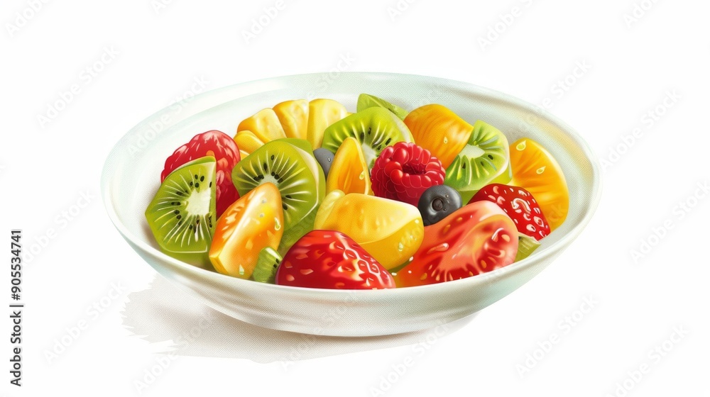 A vibrant bowl of fresh fruit salad with kiwi, orange, strawberries, and raspberries. A vibrant bowl of fresh fruit salad with kiwi, orange, strawberries, and raspberries.