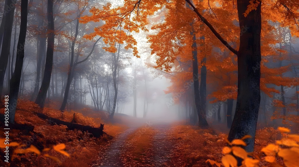 Obraz premium serene autumn forest, vibrant orange foliage, misty ambiance, perfect for nature-inspired designs, emotional warmth, copy space available, promotional use potential
