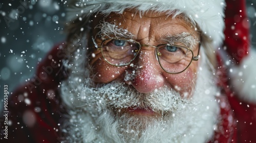 Joyful Santa Claus Smiling Cheerfully With Snow Falling During Christmas Celebration