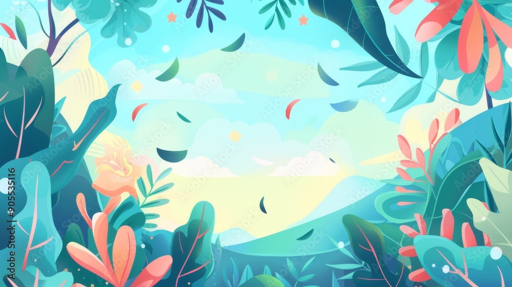 A vibrant illustration of a lush forest with falling leaves and a bright blue sky. vector A vibrant illustration of a lush forest with falling leaves and a bright blue sky. vector