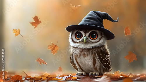 Halloween, Adorable owl in wizard hat, surrounded by autumn leaves, whimsical forest scene, magical, perfect for autumn themes, fantasy artwork, children's books, seasonal marketing photo