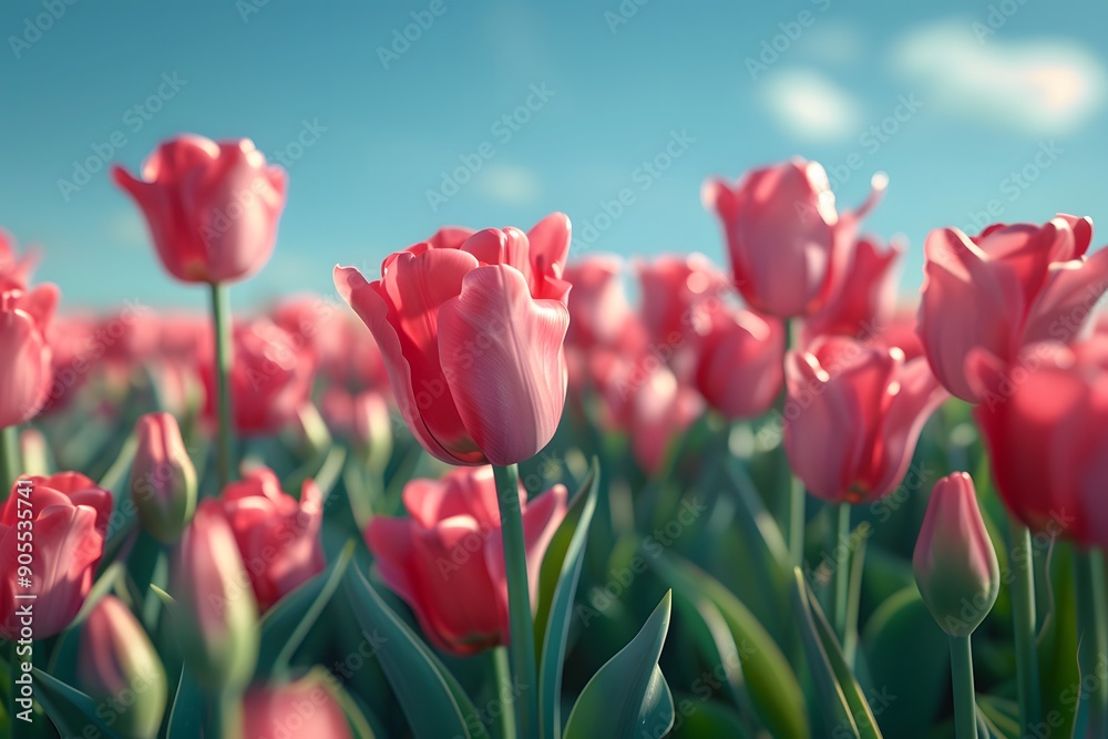 Vibrant pink tulips blooming under a clear blue sky. Vibrant pink tulips blooming under a clear blue sky.