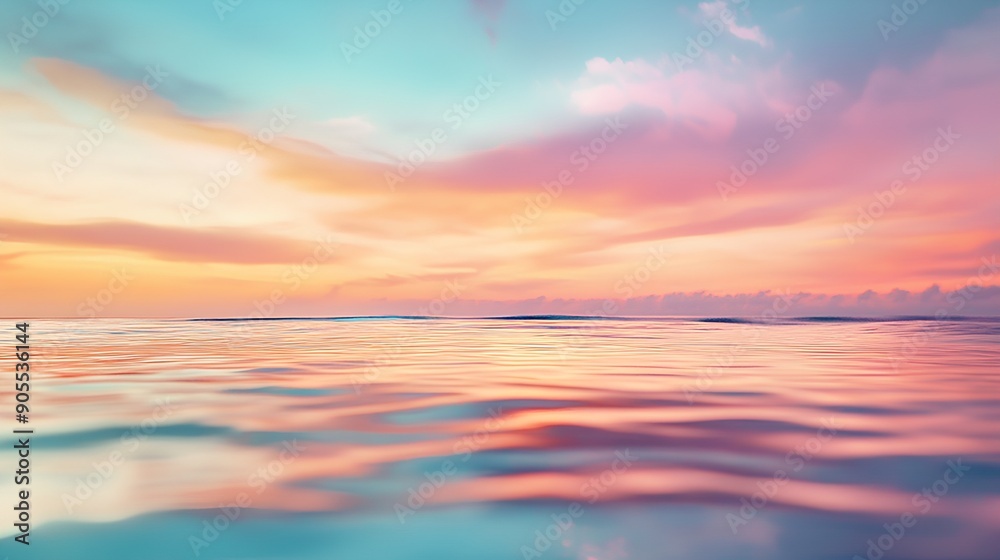 Obraz premium Colorful sunset over calm ocean waters with a soft, pastel sky