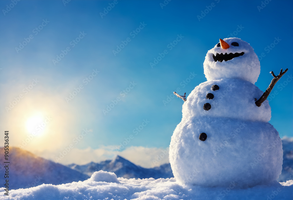 Obraz premium Funny snowman in winter mountain scenery. Merry christmas and happy new year.