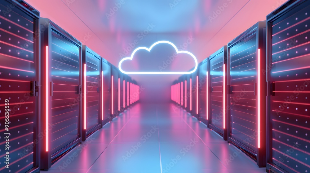 A futuristic data center with glowing server racks and a neon cloud ...
