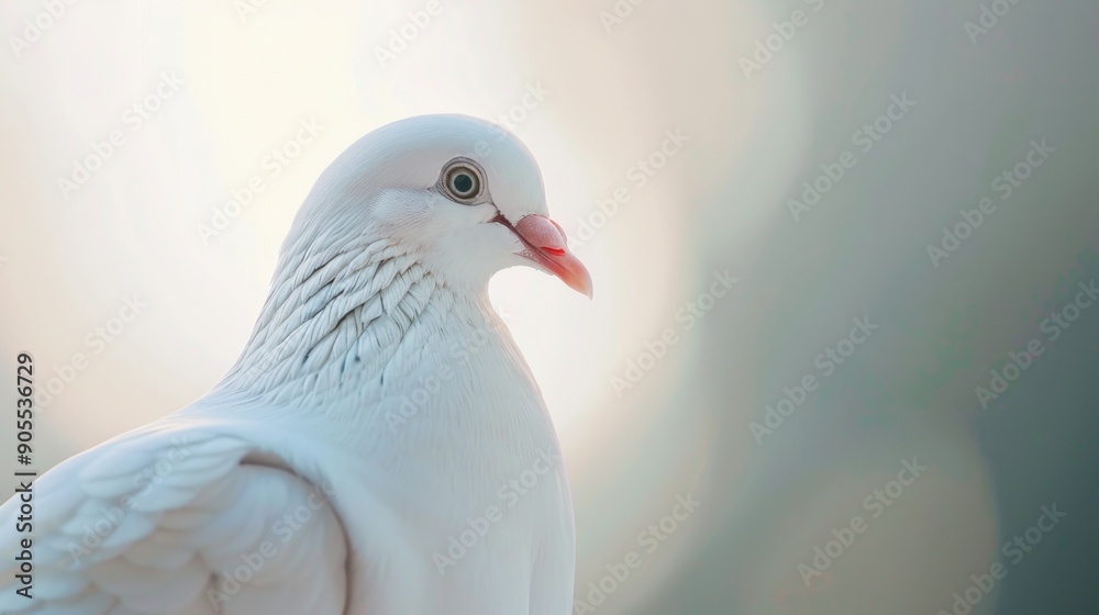 Fototapeta premium A white dove with a soft, blurred background. The bird is in focus and its feathers are visible.