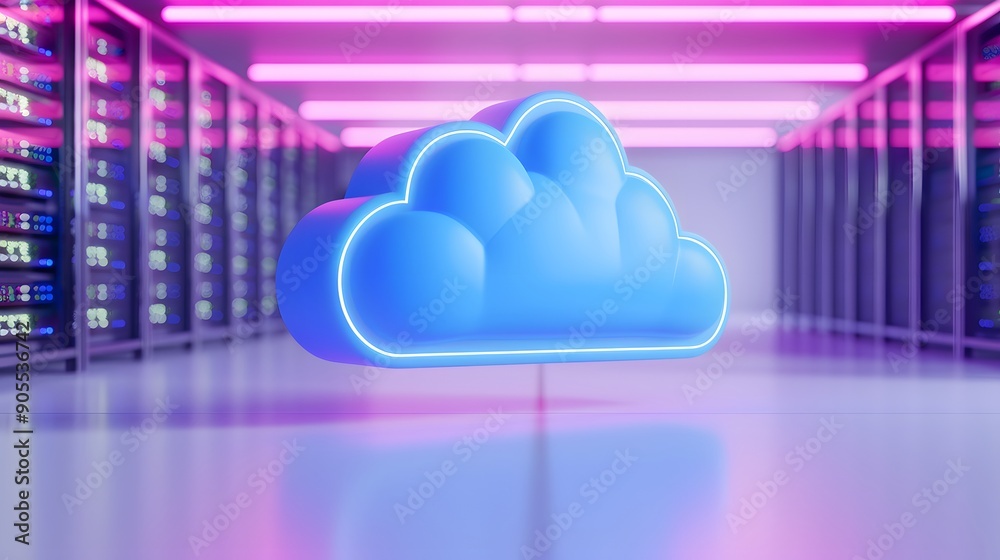 A glowing blue cloud icon in a futuristic data center with pink neon lights, representing cloud computing and digital technology. A glowing blue cloud icon in a futuristic data center with pink neon lights, representing cloud computing and digital technology.