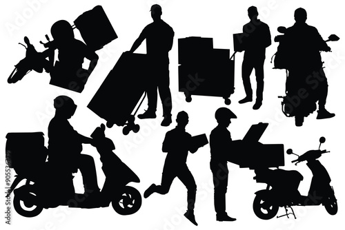 Courier Service Silhouettes and Delivery man carrying boxes. package delivery silhouette for multiple uses. Black silhouette of a courier on a scooter. Fast delivery. Vector illustration