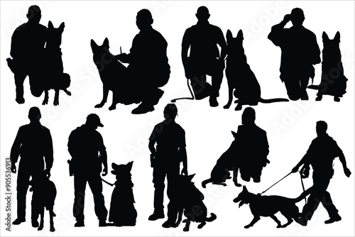 Silhouette of a police officer training with his dog partner. Vector drawing of a police man with dog. Silhouettes of officer with a dog