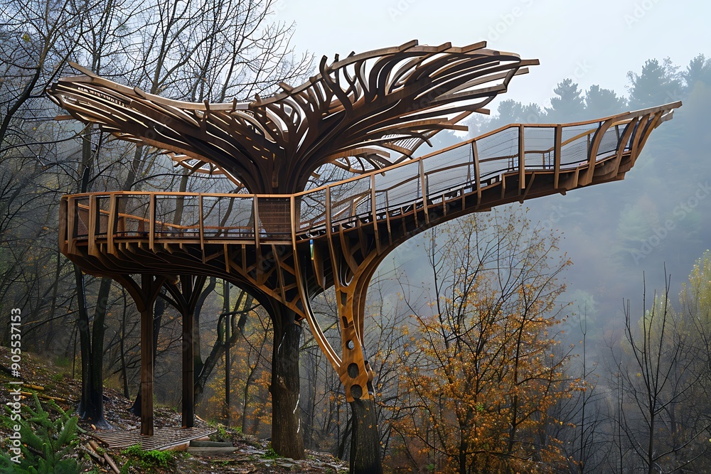 Fototapeta premium Birdwatching platform with railings shaped like tree branches and a roof resembling bird wings