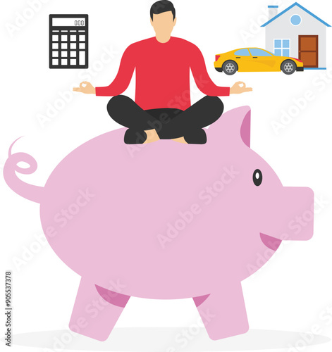 Young woman on piggy bank with calculator, house, car and graduate hat. Personal finance money management, expense, cost and budget calculation for education, housing mortgage or car loan concept.

