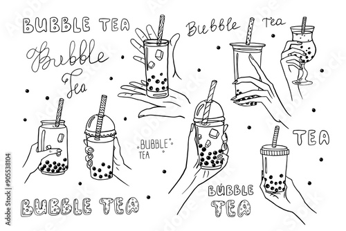 Large set of hand drawn bubble tea in hand and lettering in doodle style. Boba milk tea, pearl milk tea and yummy drinks banner. Tea with tapioca splashing liquid. Cute vector illustration