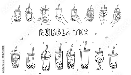Large set of hand drawn bubble tea theme elements and lettering in doodle style. Boba milk tea, pearl milk tea and yummy drinks banner. Tea with tapioca splashing liquid. Cute vector illustration