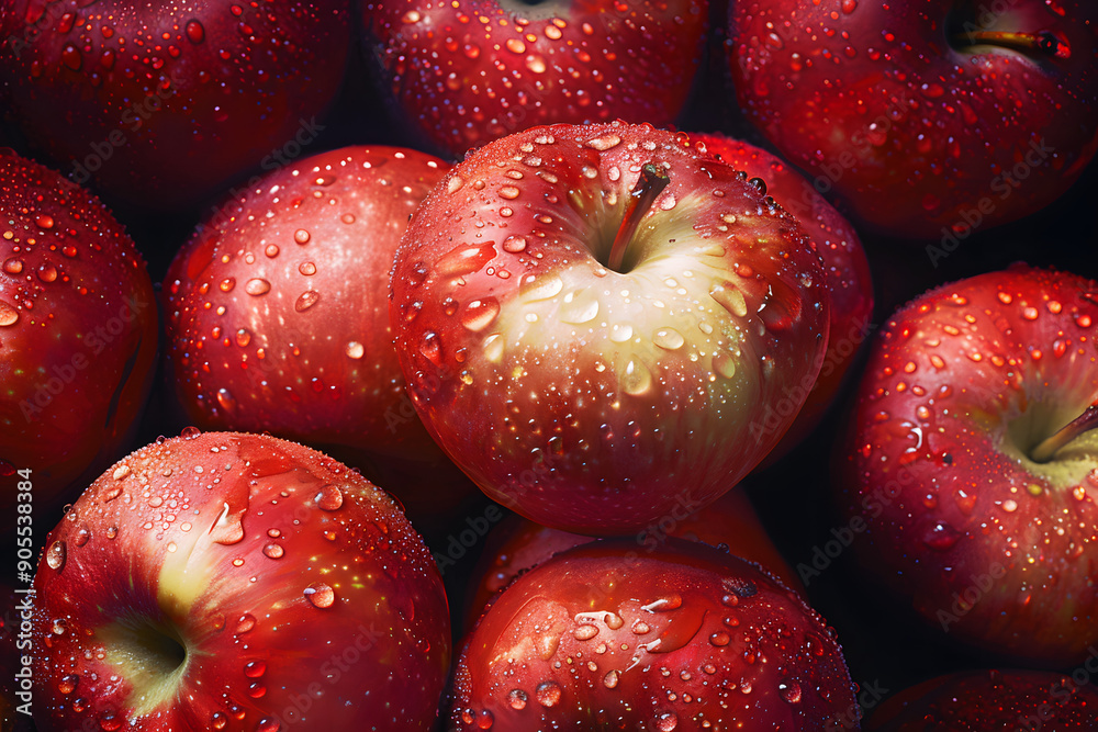 Many ripe juicy red apples covered with water drops Many ripe juicy red apples covered with water drops