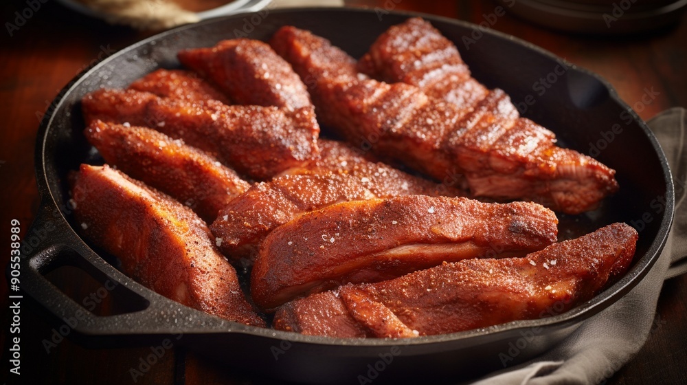 Juicy Grilled Barbecue Ribs in Cast Iron Skillet - Rustic Cookout Food Photography Juicy Grilled Barbecue Ribs in Cast Iron Skillet - Rustic Cookout Food Photography