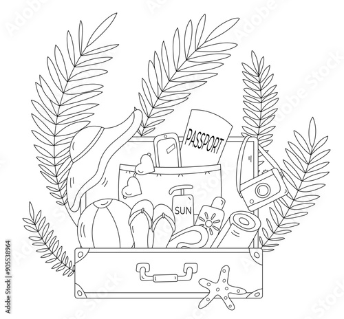Coloring Page For Adults And Children Features Suitcase Packed With All Essentials For Travel