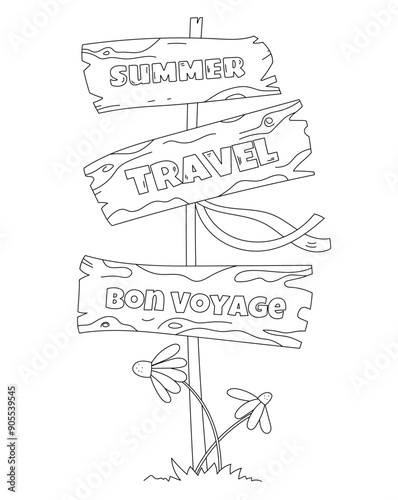 Coloring Page For Adults And Children Features Wooden Signs With Inscriptions: Summer, Travel, And bon voyage