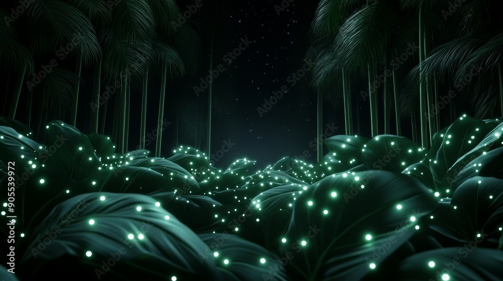 Enchanted forest with bioluminescent plants, soft glowing lights amidst ...