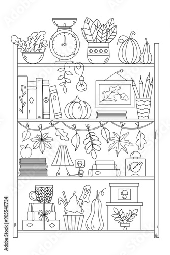 Coloring Page For Adults And Children Features Bookshelf With Pumpkins And Autumn Leaves
