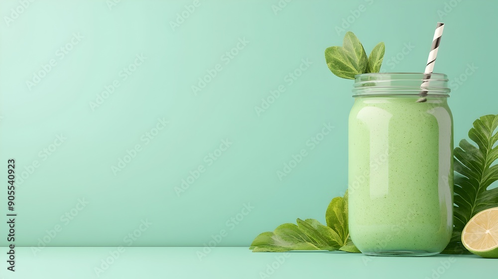 Refreshing Green Smoothie in Glass Jar with Mint Leaves on Pastel Background Refreshing Green Smoothie in Glass Jar with Mint Leaves on Pastel Background