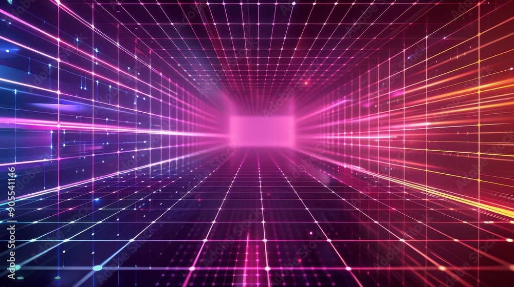 Abstract digital grid with glowing lines and particles. Futuristic technology concept.