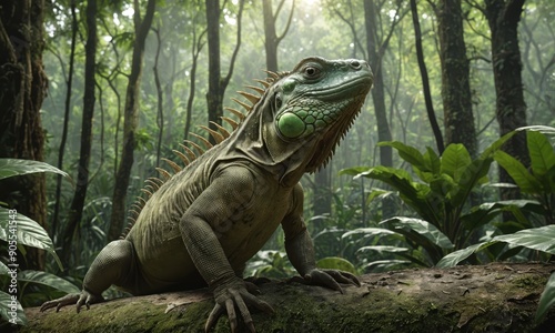 Close-Up of Iguana Lizard Resting sitting on Mossy Log in Lush Jungle Dense Wild Tropical Forest environment