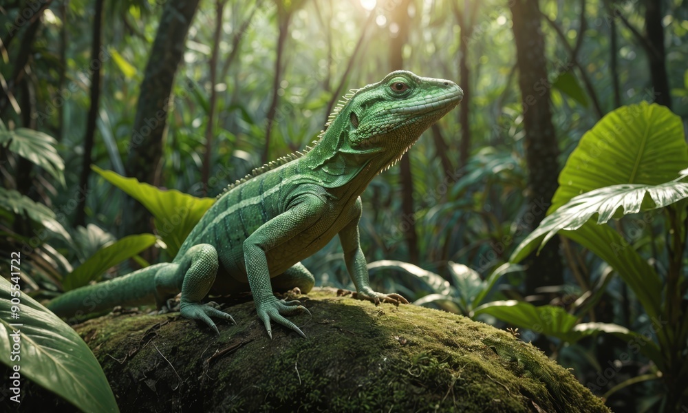 Fototapeta premium Close-Up of Iguana Lizard Resting on Mossy Log in Lush Jungle Dense Wild Tropical Forest environment