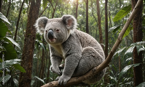 Close-Up of Cute Koala sitting Resting on branch looking directly at the camera in Lush Jungle Dense Wild Tropical Forest environment