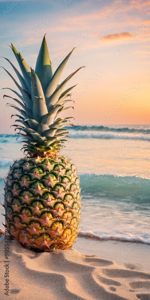 Pineapple on exotic sand beach at sunrise or sunset sea background. Pineapple on exotic sand beach at sunrise or sunset sea background.