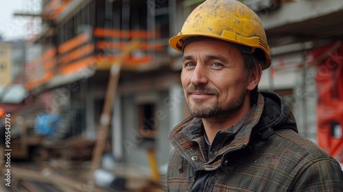 Construction Worker Smiling Confidently at Building Site During Overcast Morning Hours