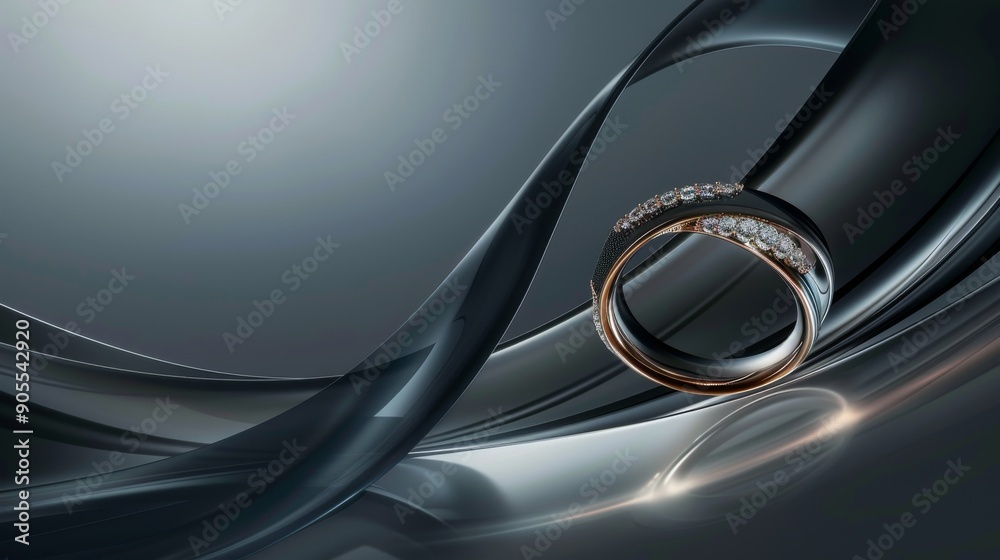 Abstract image of a silver ring with a single diamond, set against a dark, swirling background Abstract image of a silver ring with a single diamond, set against a dark, swirling background