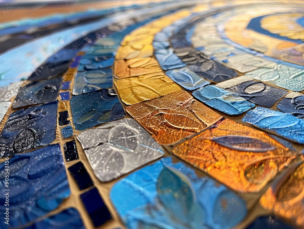 Abstract mosaic artwork with a circular pattern of blue, orange, and silver tiles. Abstract mosaic artwork with a circular pattern of blue, orange, and silver tiles.