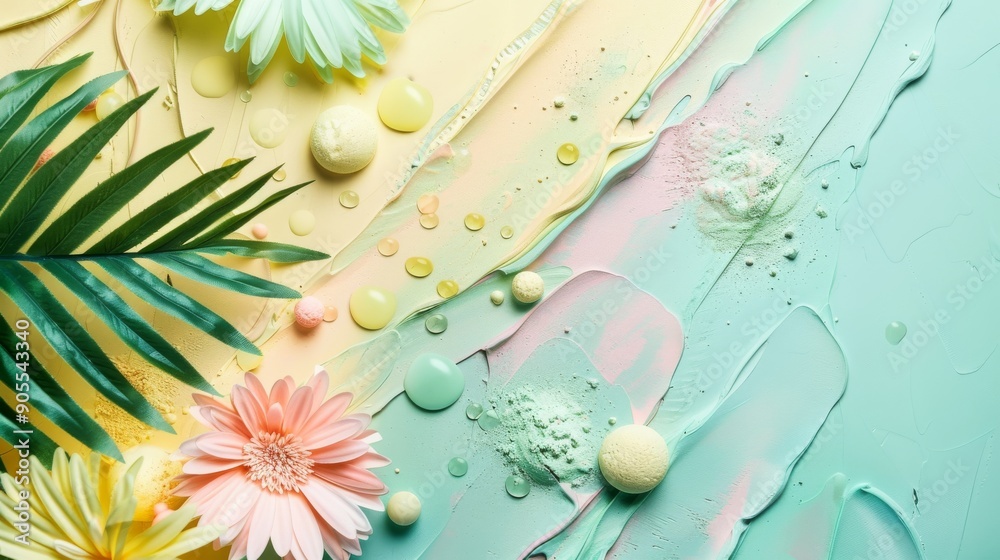 Fototapeta premium Abstract pastel background with flowers, leaves, and paint strokes.