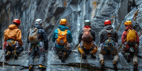 Climbers Resting on a Rocky Ledge photo