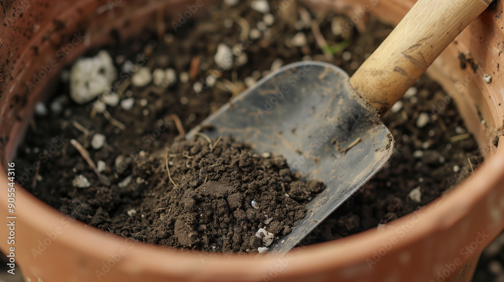 A close-up of a shovel filled with loose soil in a pot, highlighting the gardening process and cultivation of plants. A close-up of a shovel filled with loose soil in a pot, highlighting the gardening process and cultivation of plants.