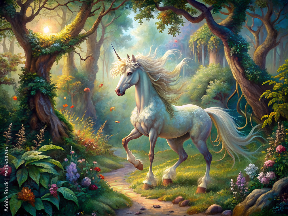 Beautiful white unicorn against the backdrop of a fairytale forest Beautiful white unicorn against the backdrop of a fairytale forest