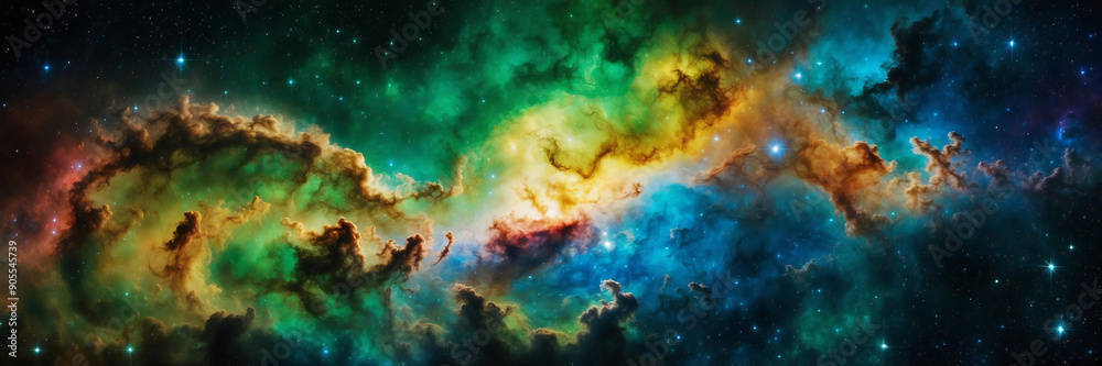 Fototapeta premium Space galaxy banner of vast, swirling nebula with vibrant green, yellow and blue, against backdrop of twinkling stars. Cosmic landscape