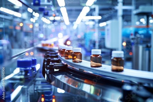 Bottles moving on a conveyor belt in a pharmaceutical factory. photo