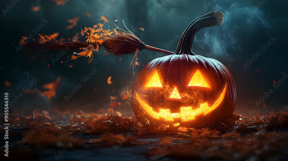 Naklejka premium glowing halloween pumpkin, jack-o-lantern, candle-lit face, broomstick, scattered autumn leaves, twilight forest backdrop, autumn decor, spooky festive atmosphere, halloween marketing campaigns,