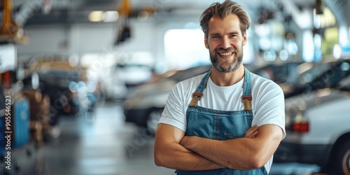 Smiling Car Mechanic in White T-Shirt and Blue Bib Overalls Standing with Arms Crossed in a White Car Garage