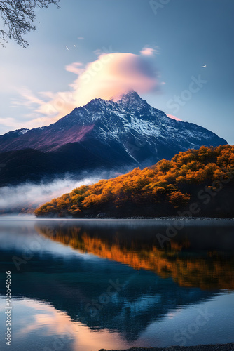 Majestic mountain landscape, autumn colors, serene lake reflections, ideal for travel marketing, nature lovers, scenic beauty enthusiasts, copy space available.