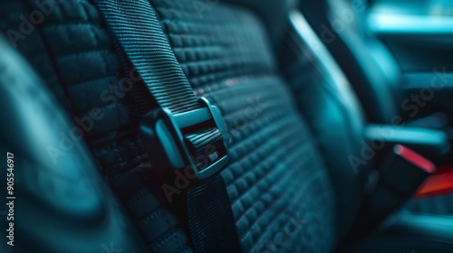 Closeup of a black leather car seat with a buckled seatbelt. photo