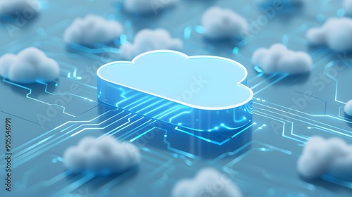 Digital cloud computing concept showing a glowing cloud icon connected to a circuit board network among smaller clouds.