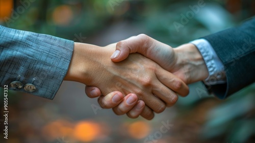 Two Professionals Engaging in a Firm Handshake in a Lush Outdoor Setting During Daylight Hours