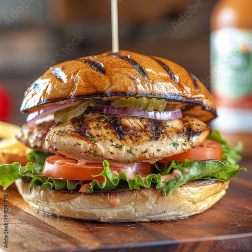 Close-up of a juicy grilled chicken burger with lettuce, tomato, onion, and a creamy sauce.